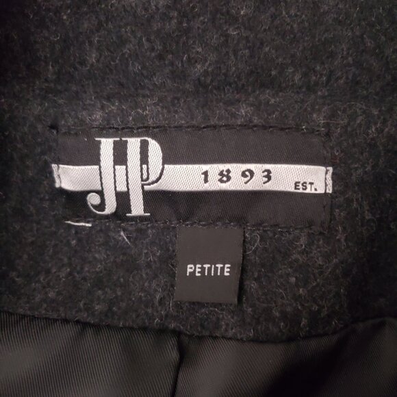 JP 1893 Vintage Large Petite Wool Overcoat Jacket Lined Charcoal Velvet Trim - Picture 9 of 9
